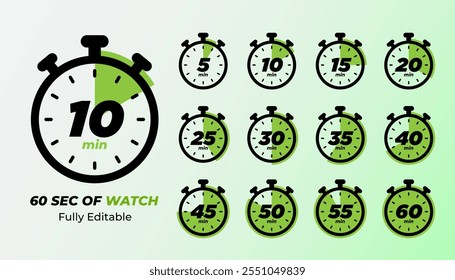 Conjunto de temporizadores. 5, 10, 15, 20, 25, 30, 35, 40, 45, 50, 55 e 60 s Ícones do temporizador de contagem regressiva definidos. Ilustração isolada de vetor.