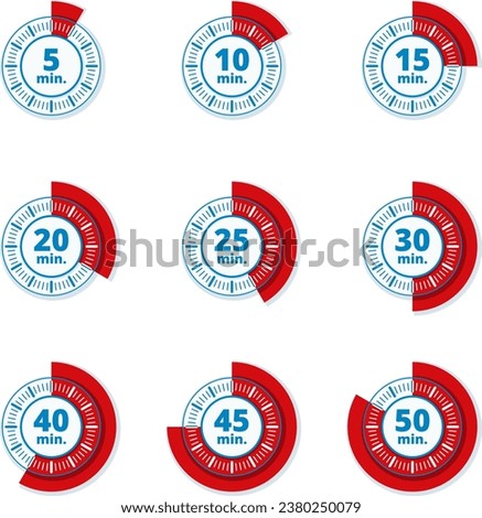 Set of timers 5, 10, 15, 20, 25, 30, 40, 45, 50 minutes illustrations