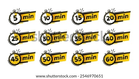 Set of timers, 5, 10, 15, 20 minutes on the timer hand. Vector illustration 