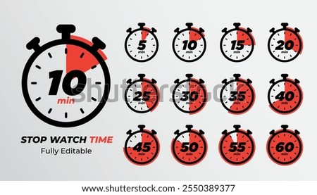 Set of timers. 5, 10, 15, 20, 25, 30, 35, 40, 45, 50, 55, and 60 minutes. Countdown timer icons set. Isolated vector illustration.