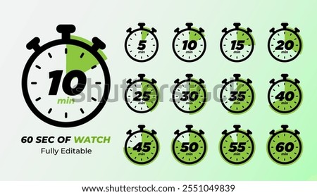 Set of timers. 5, 10, 15, 20, 25, 30, 35, 40, 45, 50, 55, and 60 sec. Countdown timer icons set. Isolated vector illustration.