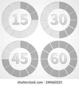 Set timers black and white, 15 minute intervals, vector illustration.