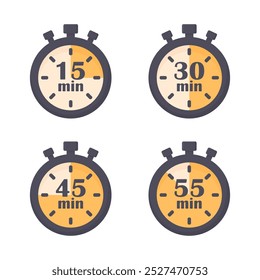 Set of timers in cartoon style on a white isolated background. 15, 30, 45, 55 minute timers. Fast delivery. Time limit symbol. Express delivery of food, medicines, etc.