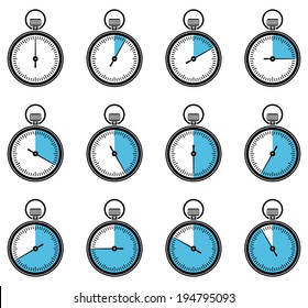 Set of timers or chronometers web and mobile icons. Vector.