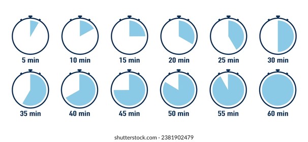 Set of timers. Clock, stopwatch icons. Countdown timer. Circle clock counter in blue color. Simple vector icons