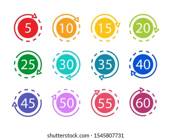 Set of timers. Countdown minutes. Vector illustration.