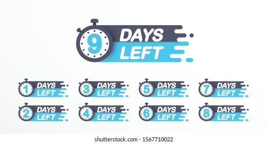 Set Timers days left 1, 2, 3, 4, 5, 6, 7, 8, 9. Sticker icon templates. Business limited special promotions, deal badge. Timer label. Vector illustration. EPS 10