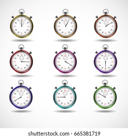 Set of timers of different colors on a white background
