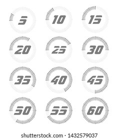 Set of timers. Full rotation arrow timer diagram from 5 second or minutes to 60. Modern vector illustration flat style.