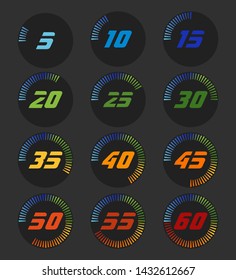 Set of timers. Full rotation arrow timer diagram from 5 second or minutes to 60. Colored flat icons. Modern vector illustration flat style.