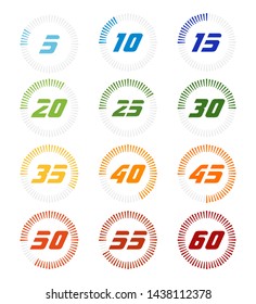 Set of timers. Full rotation arrow timer diagram from 5 second or minutes to 60. Colored flat icons. Modern vector illustration flat style
