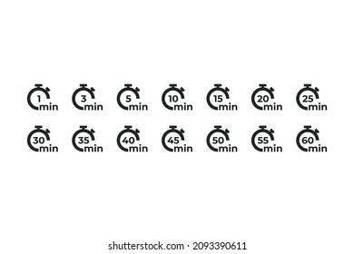 Icono de conjunto de temporizadores. 1, 3, 5, 10, 15, 20, 25, 30, 35, 40, 45, 50, 55 y 60 minutos. Iconos del temporizador de cuenta atrás establecidos.Ilustración del vector sobre fondo blanco.