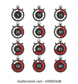 Set of timers icons vector. Collection of twelve elements. Timer icon with five seconds interval in modern style. Good for fitness club and sports company. Background with flat sport element
