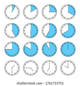 A set of timers with intervals. Isolated vector illustration. Clock icon with an arrow on a white background. Clock icon with an arrow on a white background. The time on the watch.