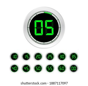 Satz von Timern. Unterschreiben Sie das Symbol. Totaler Pfeil-Timer. Farbige flache Symbole. Set von 12 Timer-Symbolen