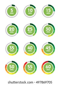 Set of timers. Sign icon. Full rotation arrow timer. Colored flat icons. Flat Design Vector Illustration.