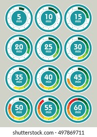 Set of timers. Sign icon. Full rotation arrow timer. Colored flat icons. Flat Design Vector Illustration.