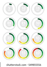 Set of timers. Sign icon. Full rotation arrow timer. Colored flat icons. Flat Design Vector Illustration.