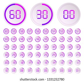 Set of timers. Sign icon. Set vector image of minimalistic clock dial white with black ticks time, different shapes of round and square, isolated on background. The clock with showing minutes.