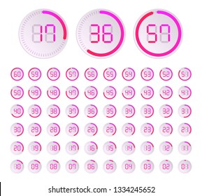 Set of timers. Sign icon. Set vector image of minimalistic clock dial white with black ticks time, different shapes of round and square, isolated on background. The clock with showing minutes.