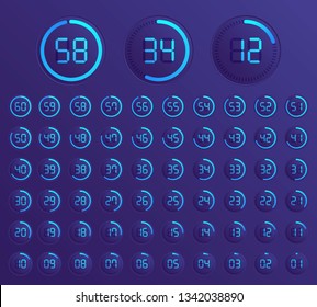 Set of timers. Sign icon. Set vector image of minimalistic clock dial white with black ticks time, different shapes of round and square, isolated on background. The clock with showing minutes.