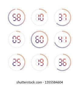 Set of timers. Sign icon. Set vector image of minimalistic clock dial white with black ticks time, different shapes of round and square, isolated on background. The clock with showing minutes.