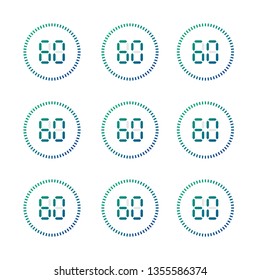 Set of timers. Sign icon. Set vector image of minimalistic clock dial white with black ticks time, different shapes of round and square, isolated on background. The clock with showing minutes.