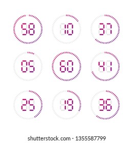 Set of timers. Sign icon. Set vector image of minimalistic clock dial white ticks time, different shapes of round and square, isolated on background. The clock with showing minutes.