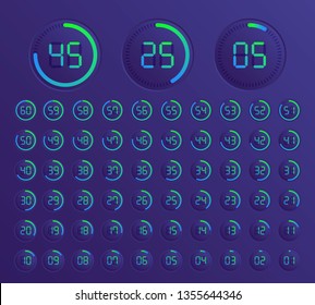 Set of timers. Sign icon. Set vector image of minimalistic clock dial white with black ticks time, different shapes of round and square, isolated on background. The clock with showing minutes.