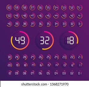 Set of timers. Sign icon. Set vector image of minimalistic clock dial white with black ticks time, different shapes of round and square, isolated on background. The clock with showing minutes.