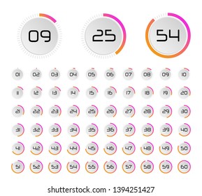 Set of timers. Sign icon. Set vector image of minimalistic clock dial white with black ticks time, different shapes of round and square, isolated on background. The clock with showing minutes. 