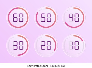 Set of timers. Sign icon. Set vector image of minimalistic clock dial white with black ticks time, different shapes of round and square, isolated on background. The clock with showing minutes.