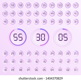 Set of timers. Sign icon. Set vector image of minimalistic clock dial white with black ticks time, different shapes of round and square, isolated on background. The clock with showing minutes.