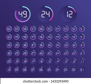 Set of timers. Sign icon. Set vector image of minimalistic clock dial white with black ticks time, different shapes of round and square, isolated on background. The clock with showing minutes.