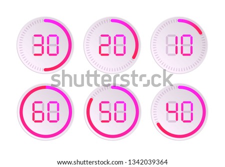 Set of timers. Sign icon. Set vector image of minimalistic clock dial white with black ticks time, different shapes of round and square, isolated on background. The clock with showing minutes.