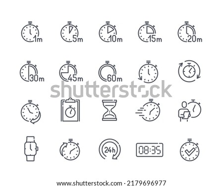 Set of timers simple line icons. Stickers with clock, smart watch, hurry time and hourglass. Design elements for apps and social media. Cartoon flat vector collection isolated on white background