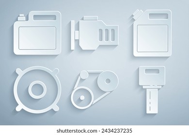 Set Timing belt kit, Canister for gasoline, Car audio speaker, key with remote, Check engine and motor oil icon. Vector