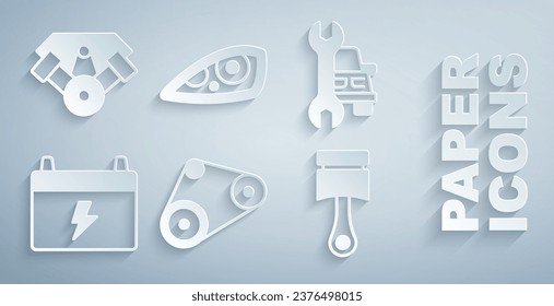 Set Timing belt kit, Car service, battery, Engine piston, headlight and Power car engine icon. Vector