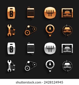 Set Timing belt kit, Car wash, service, Tire pressure gauge, Gear shifter, key with remote and radiator cooling system icon. Vector