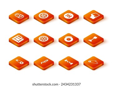 Kit de correa de distribución, silenciador de coche, cartucho para aceite de motor, rueda, coche de chasis, disco de freno con pinza de freno e icono de cambio de marchas. Vector