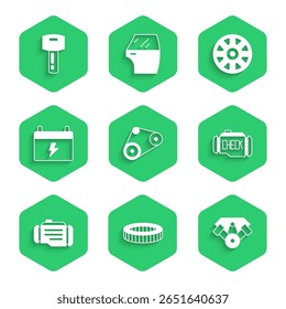 Definir kit de cinto de cronometragem, filtro de ar do carro, motor do carro de potência, verificação, bateria, roda de liga para e chave com ícone remoto. Vetor
