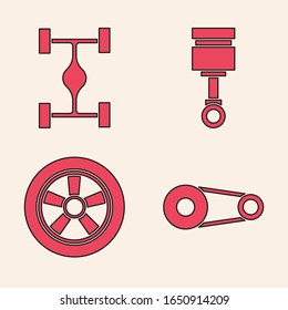 Set Timing belt kit, Chassis car, Engine piston and Car wheel icon. Vector