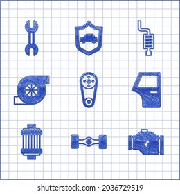 Set Timing belt kit, Chassis car, Check engine, Car door, air filter, Automotive turbocharger, muffler and Wrench spanner icon. Vector
