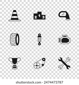 Set Timing belt kit, Check engine, Wrench spanner, Shock absorber, Car mirror, Traffic cone, Award over sports winner podium and tire wheel icon. Vector