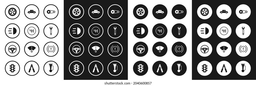 Set Timing belt kit, Gear shifter, High beam, Car wheel, Wrench, Brake system warning and Steering icon. Vector