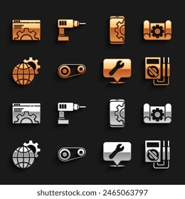Set Timing belt kit, Graphing paper and gear, Multimeter, Location with wrench spanner, Globe of the Earth, Setting smartphone, Browser setting and Electric drill machine icon. Vector
