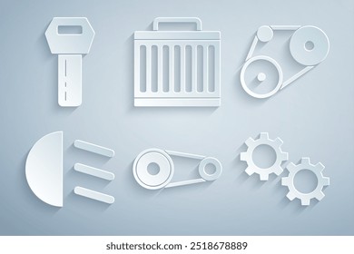 Definir o kit de cinto de cronometragem, Feixe alto, Engrenagem, Sistema de resfriamento do radiador do carro e chave com ícone remoto. Vetor