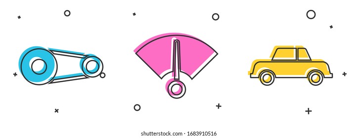 Set Timing Gurt Kit, Speedometer und Auto Symbol. Vektorillustration