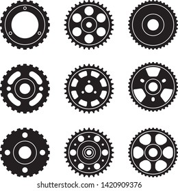 Set of timing pulley icons. Silhouette vector