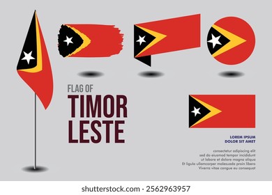 Set of  Timor Leste flag in 5 designs: flag on pole, brush stroke, skew, round and standard. vector, flat, isolated on grey background